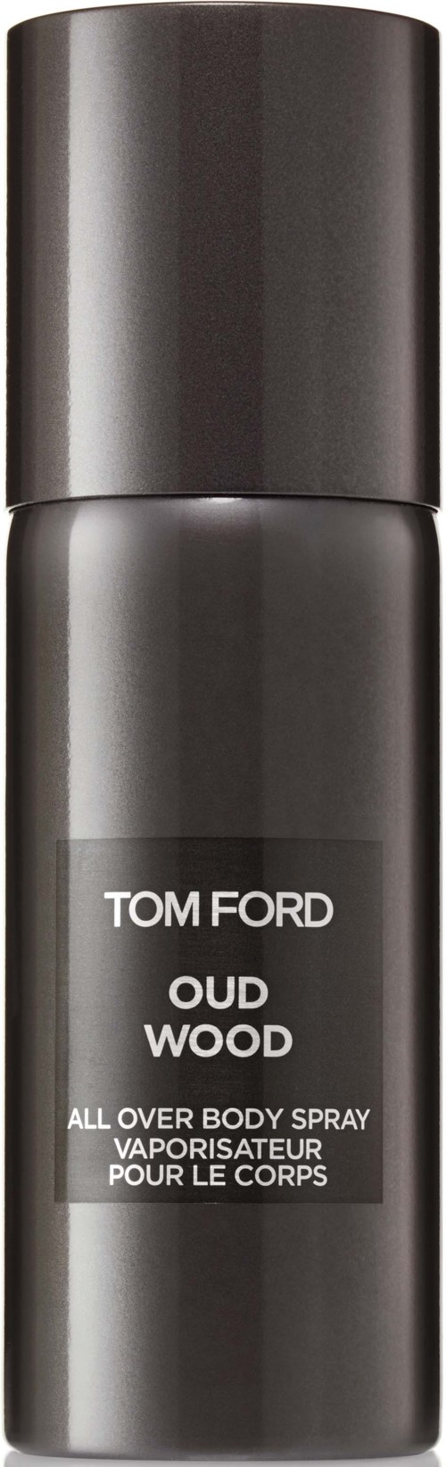 En svart sylindrisk sprayflaske merket Tom Ford Oud Wood, en all-over kroppsspray.