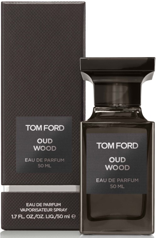Ein Parfümflasche und eine Schachtel mit Tom Ford Oud Wood, schwarz und grau, 50 ml.