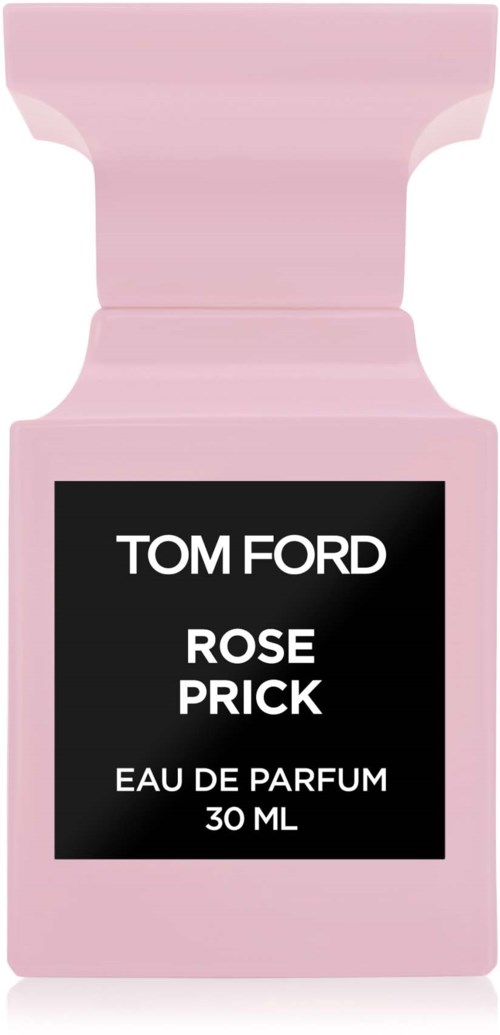 Ljusrosa parfymflaska med svart etikett som säger 'Tom Ford Rose Prick' och 'Eau de Parfum 30 ML'.