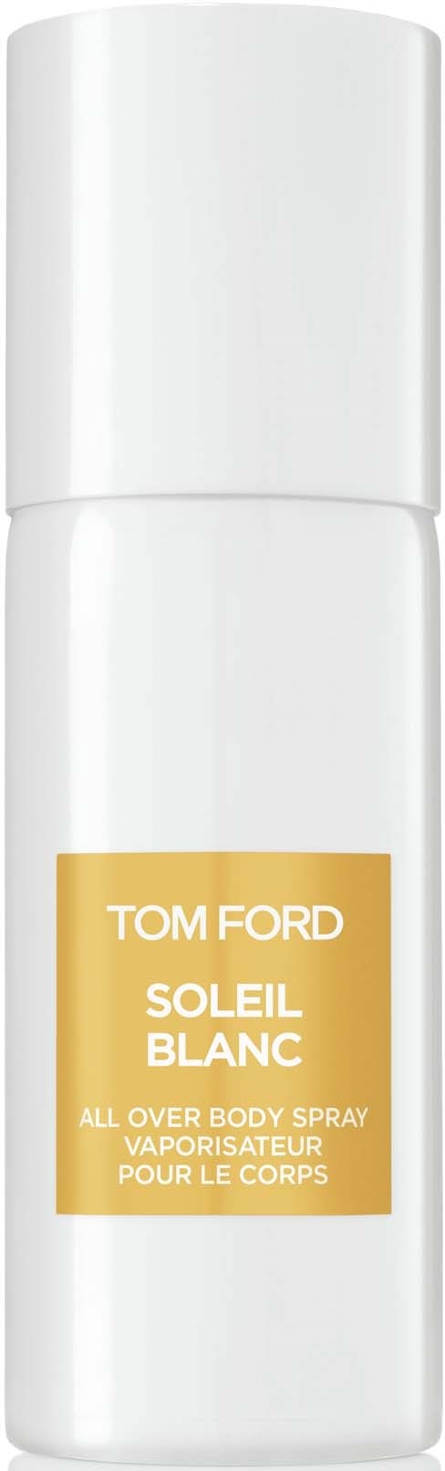 En vit sprayflaska märkt Tom Ford Soleil Blanc för hela kroppen. Liten guldfärgad etikett med produktnamnet.