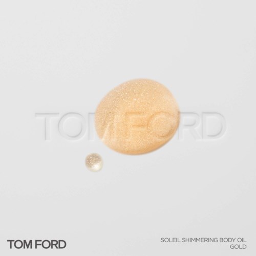Zwei runde Flaschen Tom Ford Soleil Shimmering Body Oil, eine große und eine kleine, vor weißem Hintergrund.