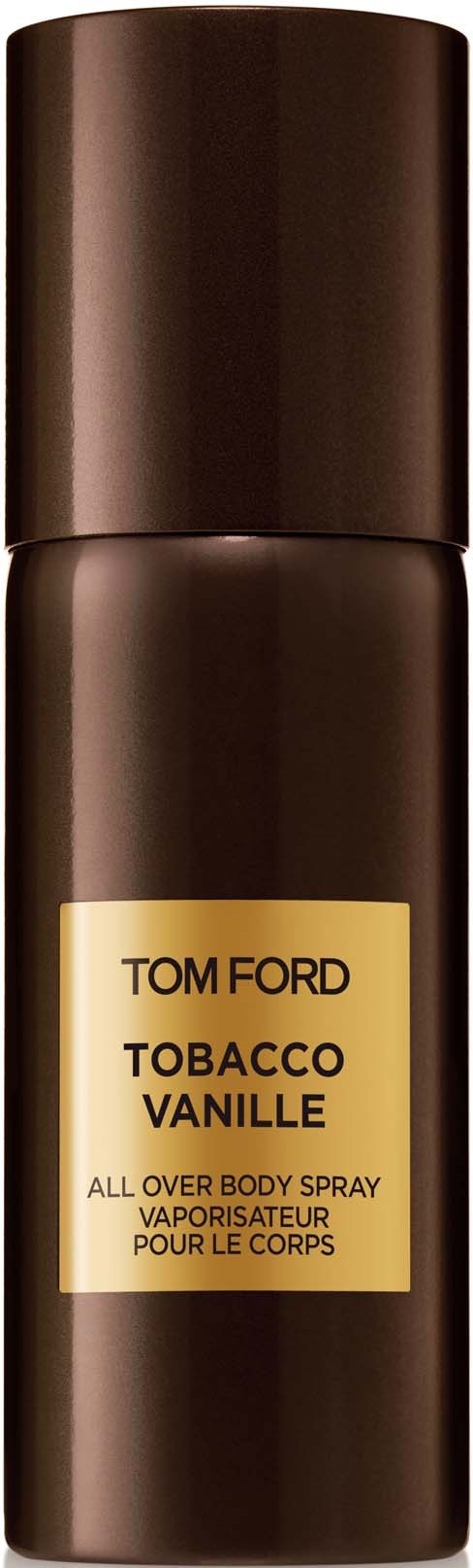 En høy, brun flaske med gullfarget etikett som sier Tom Ford Tobacco Vanille, en kroppsspray.