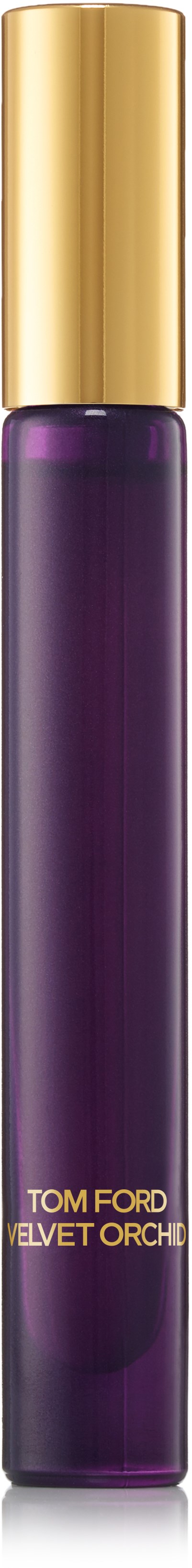 Długa, elegancka butelka perfum z ciemnofioletowym korpusem i złotym korkiem, oznaczona "Tom Ford Velvet Orchid."