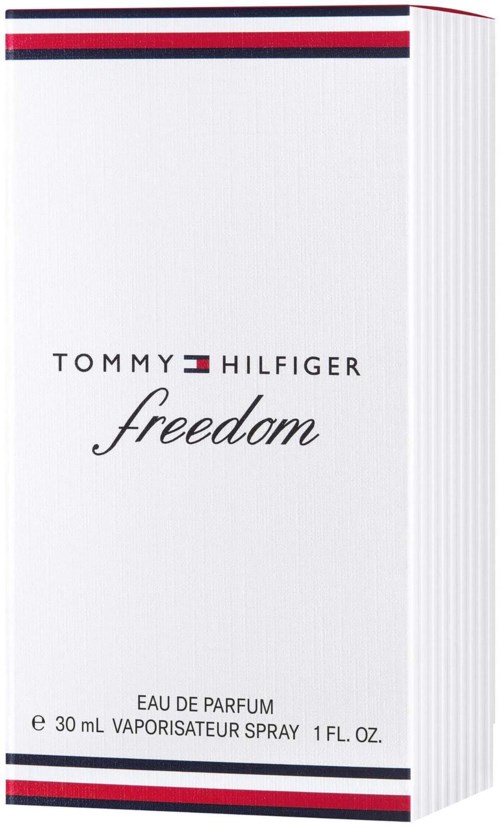 Tommy Hilfiger Freedom Parfümverpackung mit weißem Hintergrund und rotem, weißen, blauen Dekor.