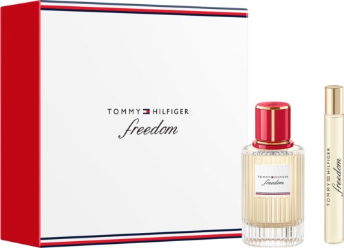 Tommy Hilfiger freedom parfymgave med en flaske med rød hætte og guldrør.