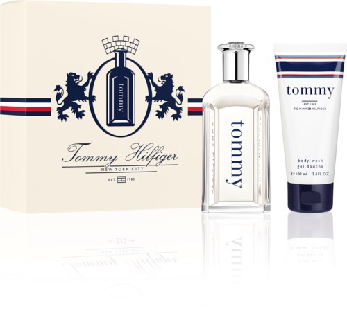 A box, a bottle of perfume, and a body wash tube with Tommy Hilfiger branding on white background.