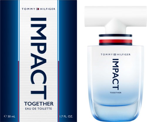 Butelka perfum i pudełko z brandingiem Tommy Hilfiger i dużym napisem "IMPACT". Butelka ma biały korek.