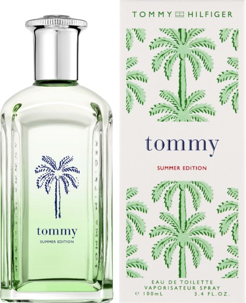 A perfume bottle and box with palm tree designs, green and blue colors, and the words 'tommy summer edition.'