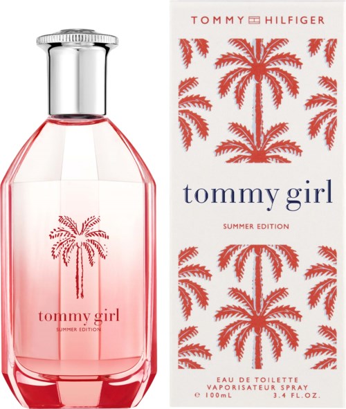 A pink perfume bottle and box with palm tree designs, labeled 'Tommy Girl Summer Edition.'