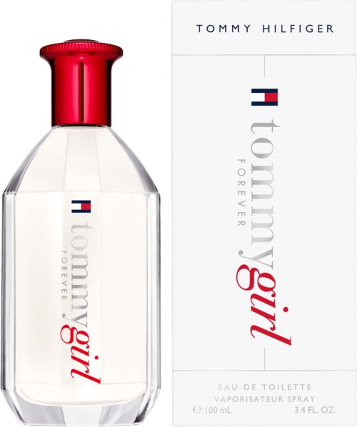 Butelka perfum Tommy Girl obok opakowania, z czerwonym korkiem i białą etykietą.