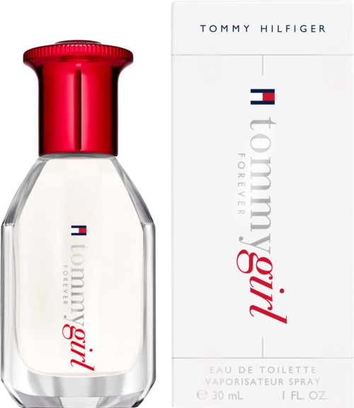 Butelka perfum z czerwonym korkiem i białe opakowanie. Etykieta pokazuje Tommy Hilfiger, Girl, Forever, Eau de Toilette.