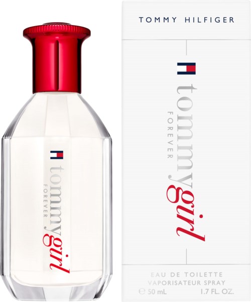 Przezroczysta butelka perfum z czerwonym korkiem i białe opakowanie z brandingiem Tommy Hilfiger i tekstem.