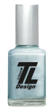 En nagellackflaska med silverlock och ljusblå vätska, märkt ‘TL Design’.