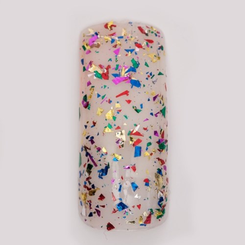 En genomskinlig tvålpåse med färgglatt glitter inuti, placerad mot en vit bakgrund.