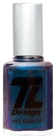 En glansig nagellackflaska med silverlock och lila-blått lack inuti.