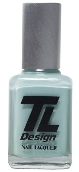 En ljusblå nagellackflaska med grå kork och svart text som säger 'TL Design Nail Lacquer'.