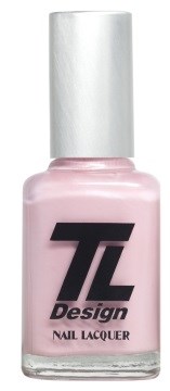 En ljus rosa nagellackflaska med silverlock och en logg som säger "TL Design".