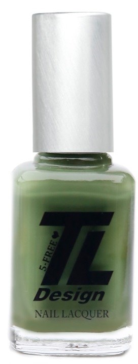 Grön nagellackflaska med vit kork och svart logo, märkt 'TL Design'.