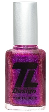En nagellackflaska i lila glittrig färg, med vit kork och svart logga, märkt "T Design Nail Lacquer."