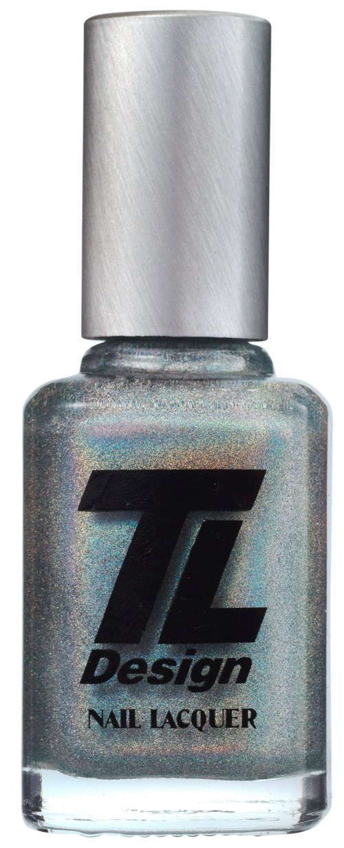 En flaska glitternagellack med svart logo som säger 'TCL Design' och ett silverlock.