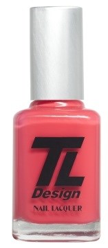 Rosafärgad nagellackflaska med svart logo och orden "TL Design Nail Lacquer."