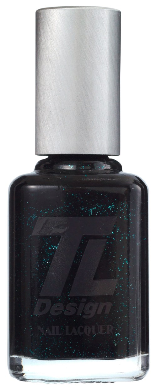 En svart nagellackflaska med en silverkapsel, innehållande glitterglans. Etiketten säger "Design".