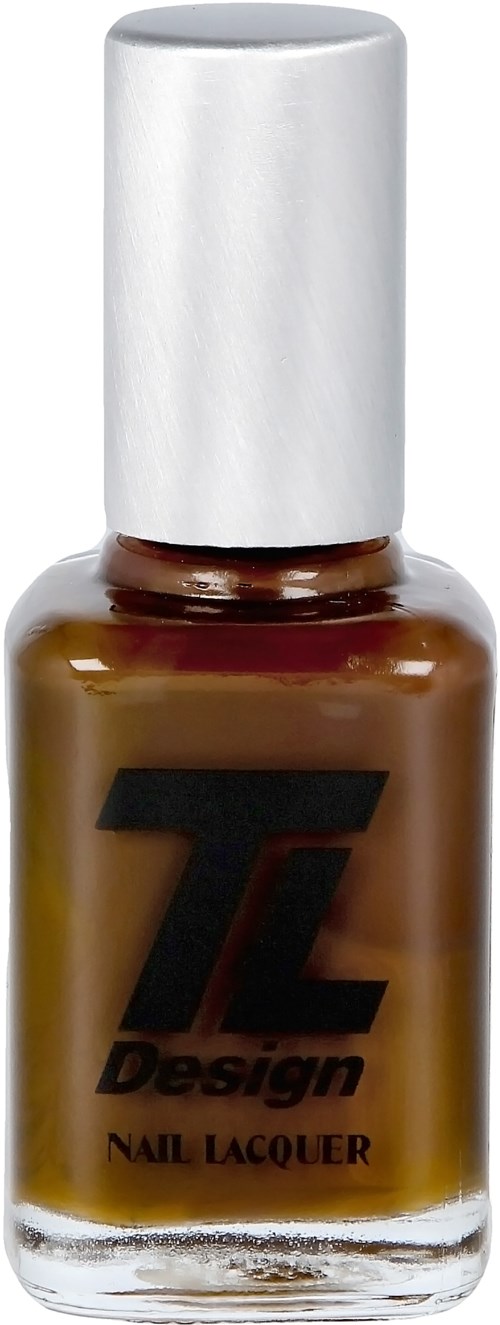 En liten brun nagellackflaska med vit kork och en svart och röd logo på framsidan.