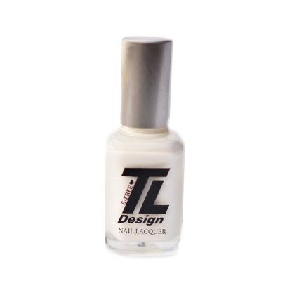 En vit nagellacksflaska med silverkapsyl, märkt 'Design' och 'Nail Lacquer'.
