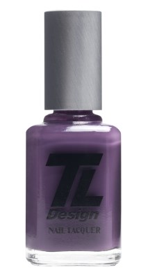 En lila nagellacksflaska med grå kork och svart logotyp som säger 'Z Design'.