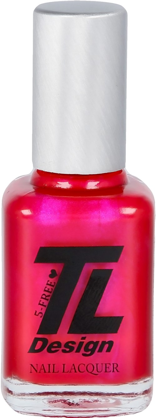 En ljusrosa nagellackflaska med vit kork och svart och rosa logo på framsidan.