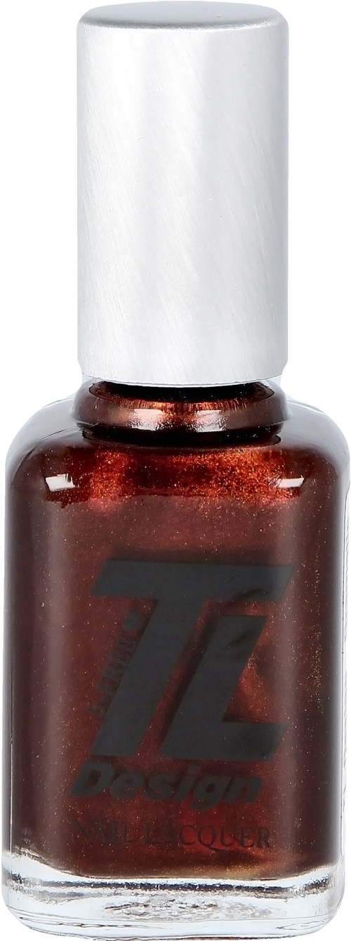 En liten flaska med metallröd nagellack med vit kork och svart logo.