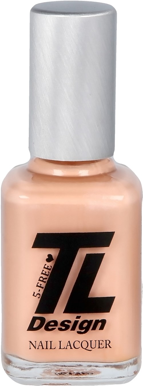 En flaska med ljus aprikosfärgad nagellack med silverlock och svart text på etiketten.