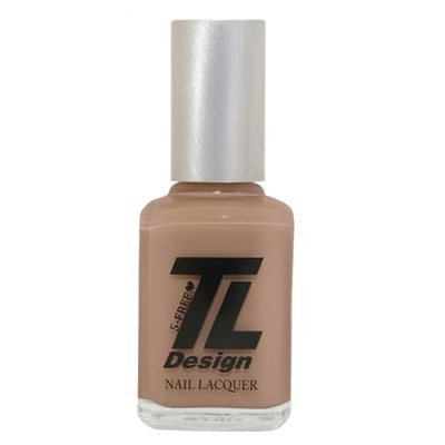 En flaska nagellack i beige färg med en svart logotyp och silverlock.