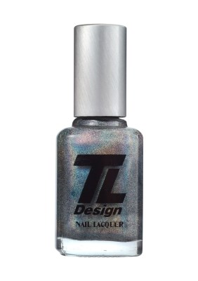 En flaska med glänsande nagellack med silverfärgad kork och en logga på.