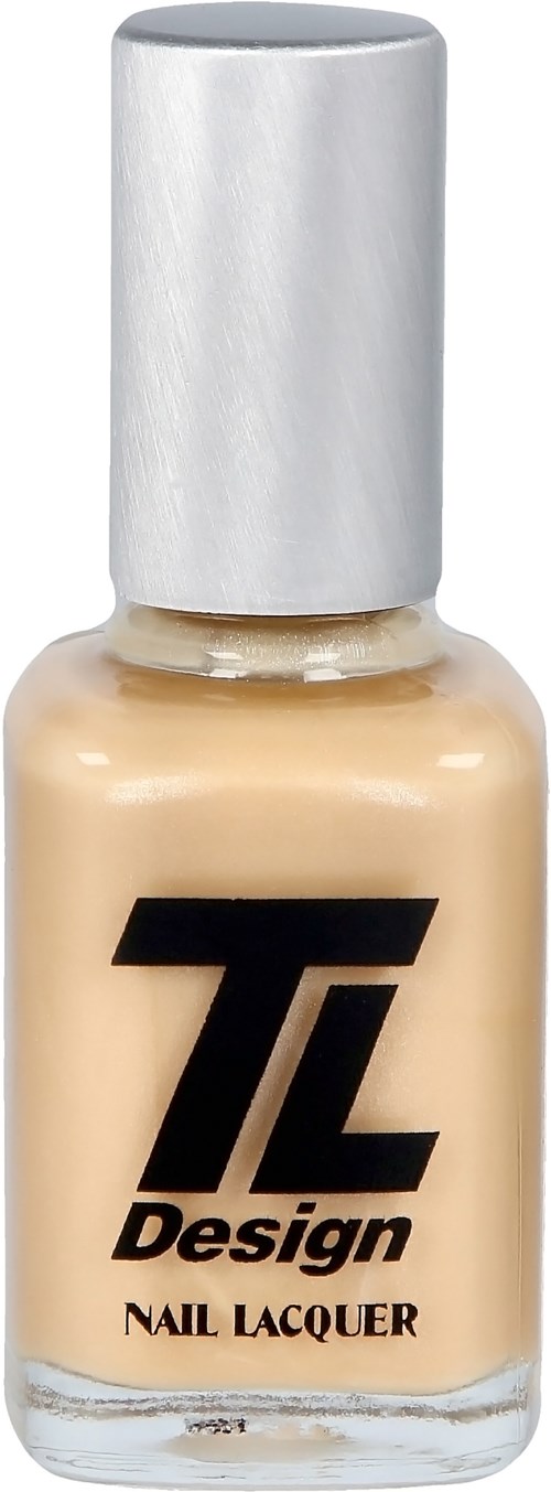En flaska nagellack med vit lock och beige färg. Logotyp och text på flaskan.