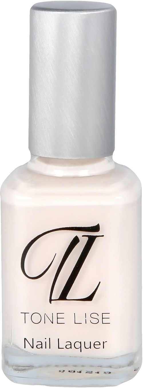 En vit nagellacksflaska med silverlock och svart text som säger 'TONE LISE Nail Lacquer'.