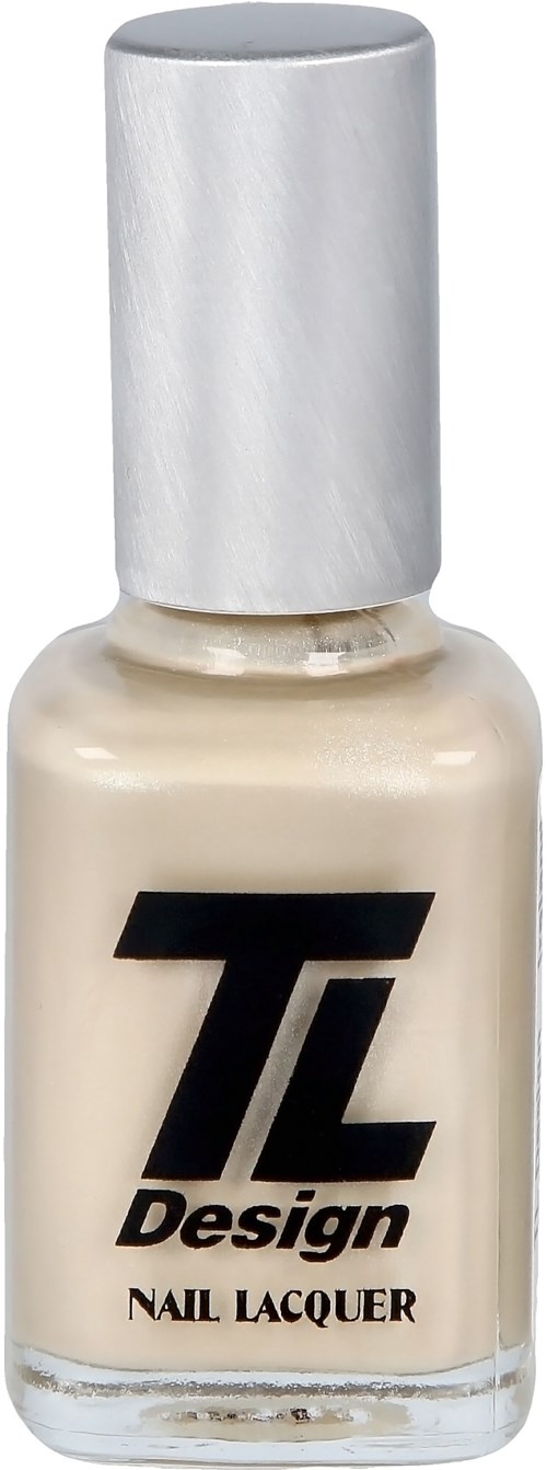 En flaska nagellack med grå kork och en etikett som säger 'Tl Design Nail Lacquer'.