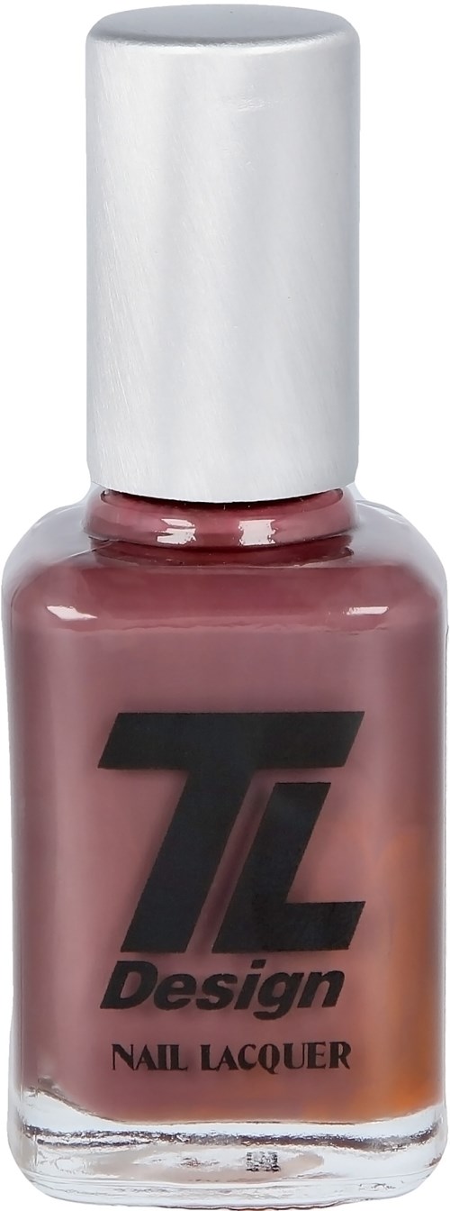 En rosa nagellackflaska med vit kork och svart text som säger 'TL Design Nail Lacquer' på framsidan.