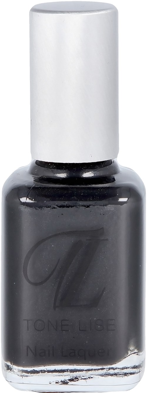 En liten flaska med mörkgrå nagellack med vit kork, märkt 'Tone Lise'.
