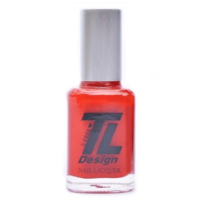 En ljus röd nagellackflaska med grön topp, märkt 'TL Design Nail Lacquer.'