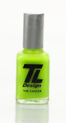Ljust neon grönt nagellackflaska med silverkork och svart logotyptext.