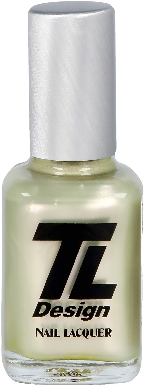 En flaska nagellack med vit kork och svart etikett som säger 'TL Design'. Det är nagellack.