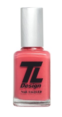 En rosa nagellacksflaska med vit lock, märkt 'TL Design Nail Lacquer.'