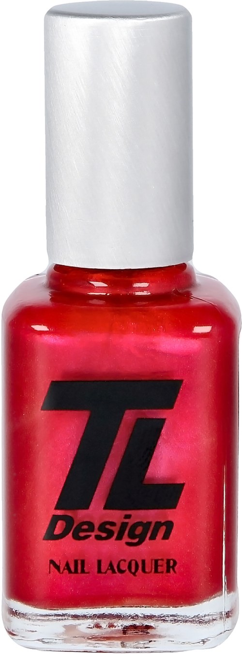 Röd nagellackflaska med en svart logga, märkta 'TL Design' och 'Nail Lacquer'.
