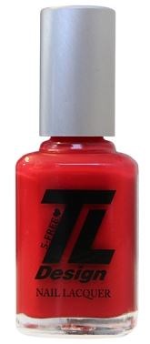Röd lackflaska för naglar med svart och röd etikett, märkt Z Design Nail Lacquer.