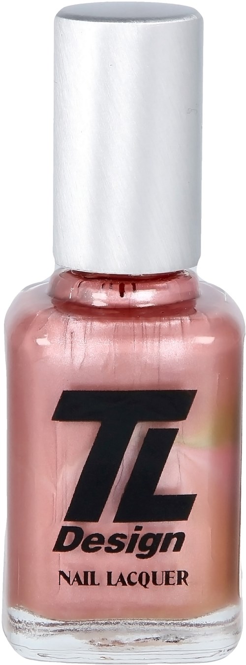 En flaska rosa nagellack med vit lock och svart text som säger 'Design' och 'Nail Lacquer.'