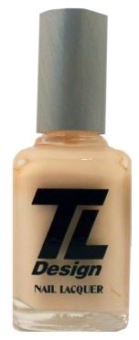 En beige nagellackflaska med grått lock, med svart logga och text som säger "TL Design."