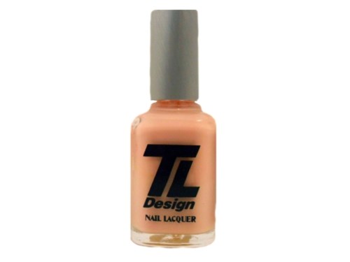 En nagellacksflaska i persikfärg med silverlock, märkt med orden "TL Design Nail Lacquer."