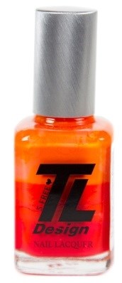 Ljust orange nagellackflaska med silverlock och fet svart och röd text. Ren och enkel design.