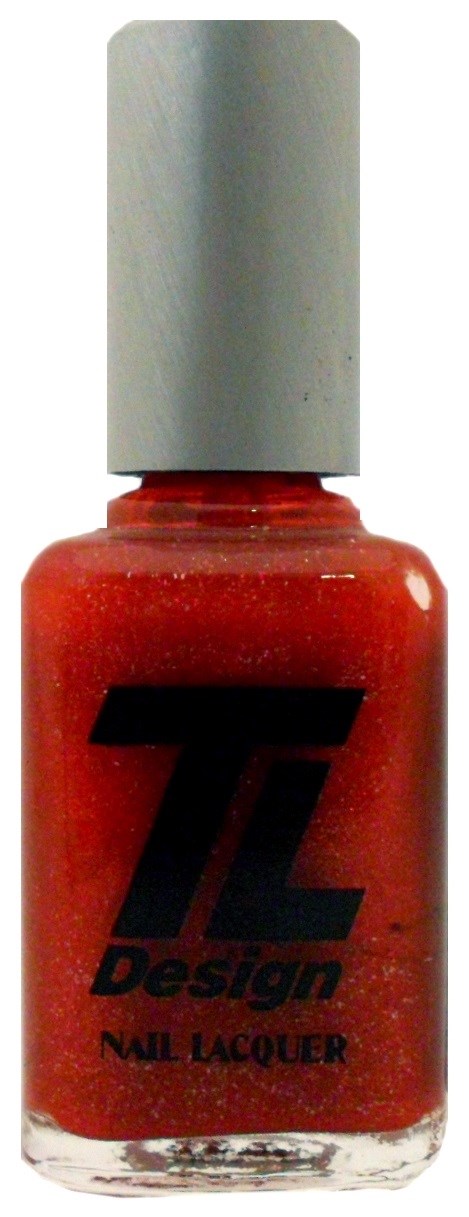Röd nagellackflaska med vit plopp, markerad 'TL Design' och 'Nail Lacquer' på framsidan.